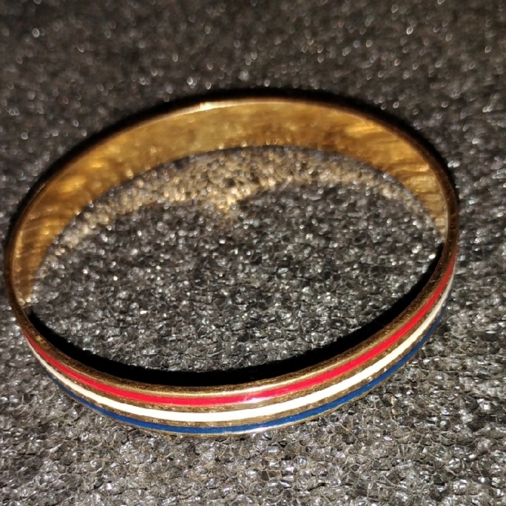 Gold Tone Bangle with Red and Blue Stripes